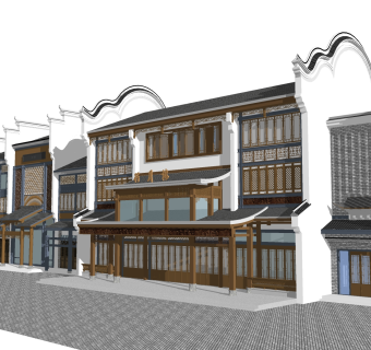 新中式沿街商业建筑草图大师模型，沿街商业建筑sketchup模型免费下载