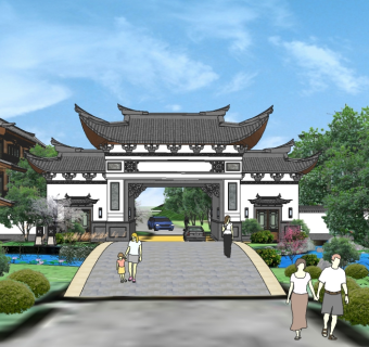 中式景观入口草图大师模型，景观入口SU模型下载