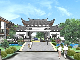中式景观入口草图大师模型，景观入口SU模型下载
