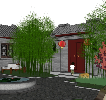 中式别墅庭院su模型下载、中式别墅庭院草图大师模型下载
