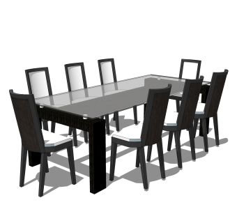 现代餐桌椅su模型，八人餐桌家用餐桌椅组合草图大师模型下载
