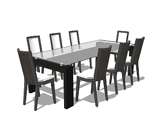 现代餐桌椅su模型，<em>八</em>人餐桌家用餐桌椅组合草图大师...