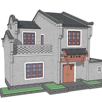 新中式徽派建筑草图大师模型，古建民俗sketchup模型免费下载