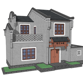 新中式徽派建筑草图大师模型，古建民俗sketchup模型免费下载