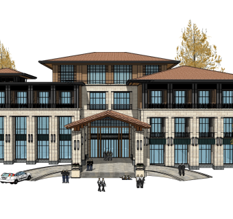 新中式售楼处建筑方案草图大师模型，售楼部建筑沙盘sketchup模型免费下载