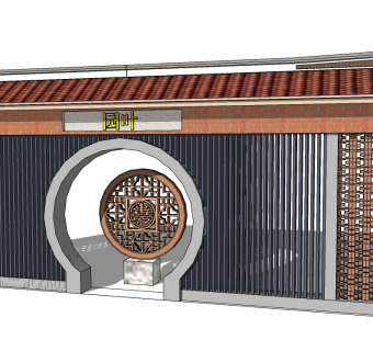 中式景观墙sketchup模型下载，景观墙草图大师模型