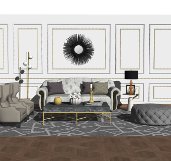 美式轻奢皮革沙发组合su模型，沙发组合skp模型下载