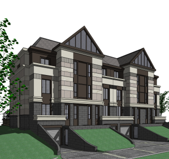 简欧连排别墅su模型下载，别墅外观草图大师模型分享