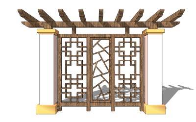 中式景观墙skp文件下载，景观墙SU模型