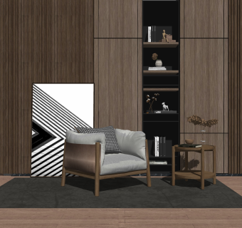 北欧实木布艺单人沙发su模型，单人沙发skp模型下载