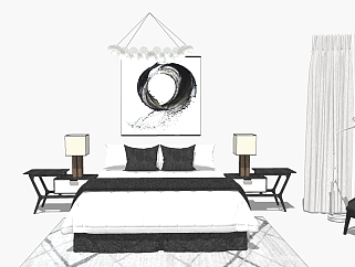 新中式双人床su模型，双人床sketchup模型下载