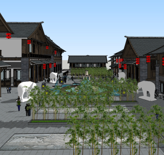 中式民俗商业街草图大师模型，商业街sketchup模型