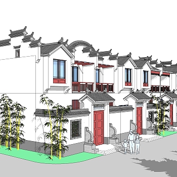 新中式徽派建筑草图大师模型，古建民俗sketchup模型免费下载