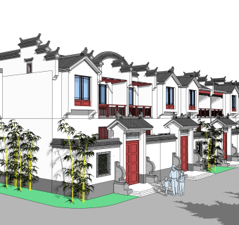 新中式徽派建筑草图大师模型，古建民俗sketchup模型免费下载