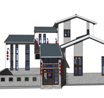 中式别墅外观草图大师模型，别墅外观sketchup模型免费下载