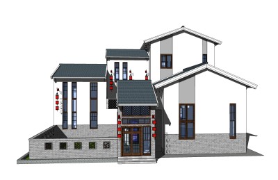 中式别墅外观草图大师模型，别墅外观sketchup模型免费下载