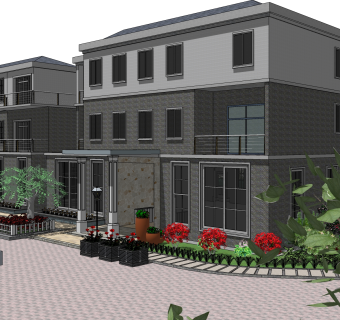 现代连排新中式别墅草图大师模型下载，独栋别墅sketchup模型