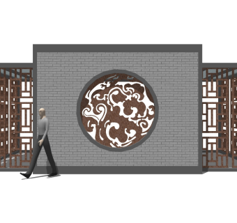 中式景观墙SU模型下载，景观墙skb模型分享