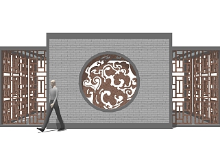 中式景观墙SU模型下载，景观墙skb模型分享