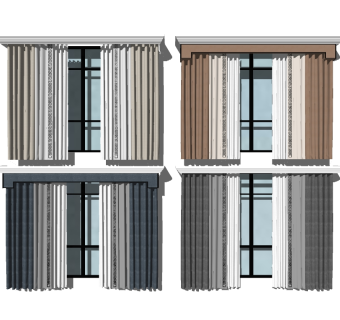 新中式布艺窗帘组合草图大师模型，布艺窗帘组合sketchup模型下载