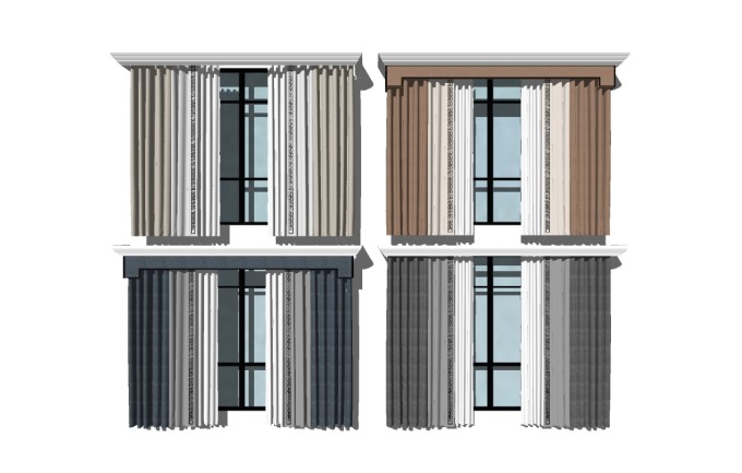 新中式布艺窗帘组合草图大师模型，布艺窗帘组合sketchup模型下载