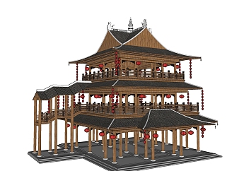 中式塔楼免费su模型下载、塔楼草图大师模型下载