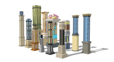 新中式造型灯柱组合草图大师模型，造型灯柱sketchup组合模型下载