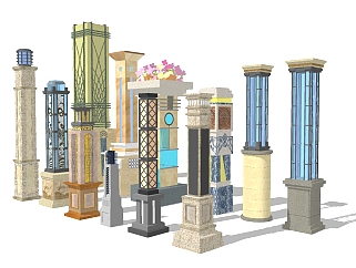 新中式造型灯柱组合草图大师模型，造型灯柱sketchup组合模型下载