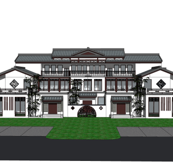 中式别墅建筑草图大师模型，古建民俗sketchup模型免费下载