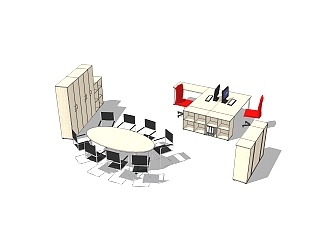 现代会议桌办工桌文件柜组合su模型，办工桌skp模型下载