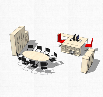 现代会议桌办工桌文件柜组合su模型，办工桌skp模型下载