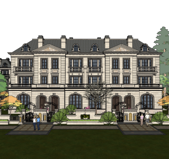 法式连排别墅su模型分享下载，sketchup别墅外观草图大师模型