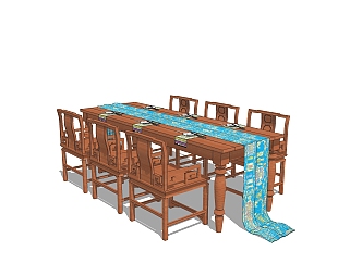 中式实木餐桌椅su模型，餐桌椅草图大师模型下载