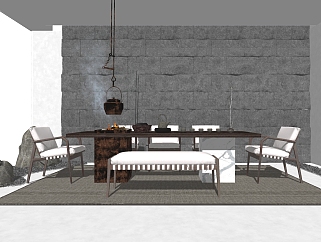 新中式实木茶桌椅组合su模型，简约茶桌sketchup模型下载
