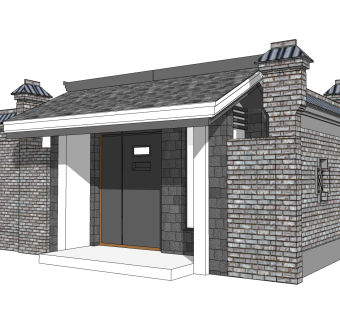 中式院门院墙草图大师模型，院门院墙sketchup模型免费下载