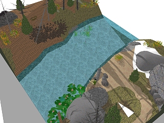 自然风沿河景观草图大师模型，沿河景观sketchup模型免费下载