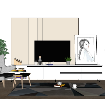 北欧电视柜休闲椅组合su模型，柜子组合草图大师模型下载