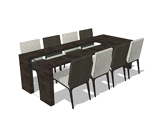 现代实木餐桌椅su模型，八人餐桌长餐桌草图大师模型下载