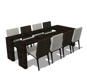现代实木餐桌椅su模型，八人餐桌长餐桌草图大师模型下载