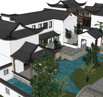 中式联排别墅su模型，别墅草图大师模型下载