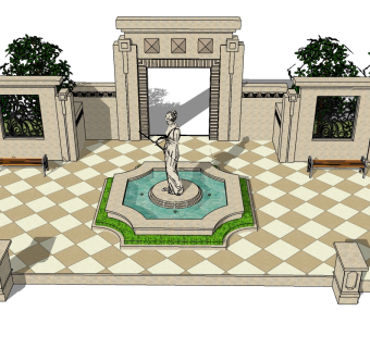 中式景观墙sketchup模型下载，景观墙草图大师模型