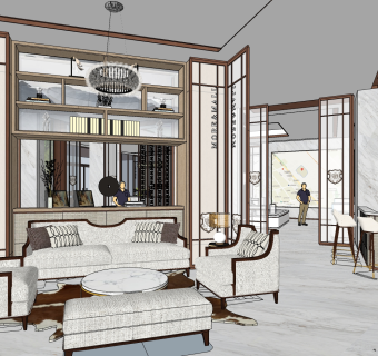 新中式售楼处休息区草图大师模型，售楼部建筑sketchup模型免费下载