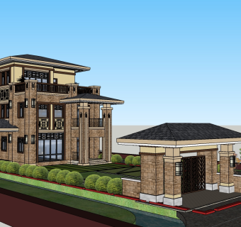 欧式独栋别墅su模型免费下载，sketchup别墅草图大师模型