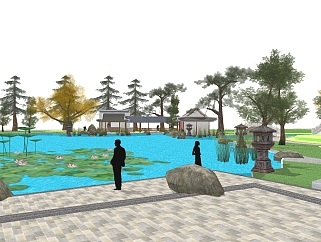中式公园景观草图大师模型，公园景观sketchup模型下载