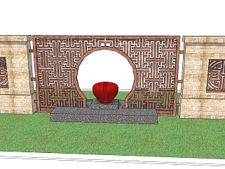 中式景观墙sketchup模型下载，景观墙草图大师模型