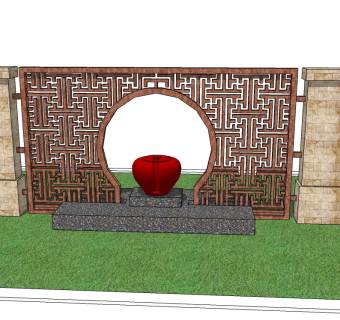 中式景观墙sketchup模型下载，景观墙草图大师模型