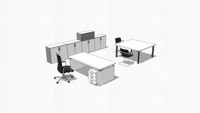 现代白色简约班台桌su模型，班台桌sketchup模型下载