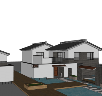 傍水中式别墅外观草图大师模型