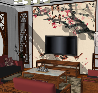 中式客餐厅su模型，客厅sketchup模型