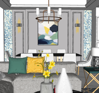 简欧别墅客餐厅su模型，客厅草图大师模型下载